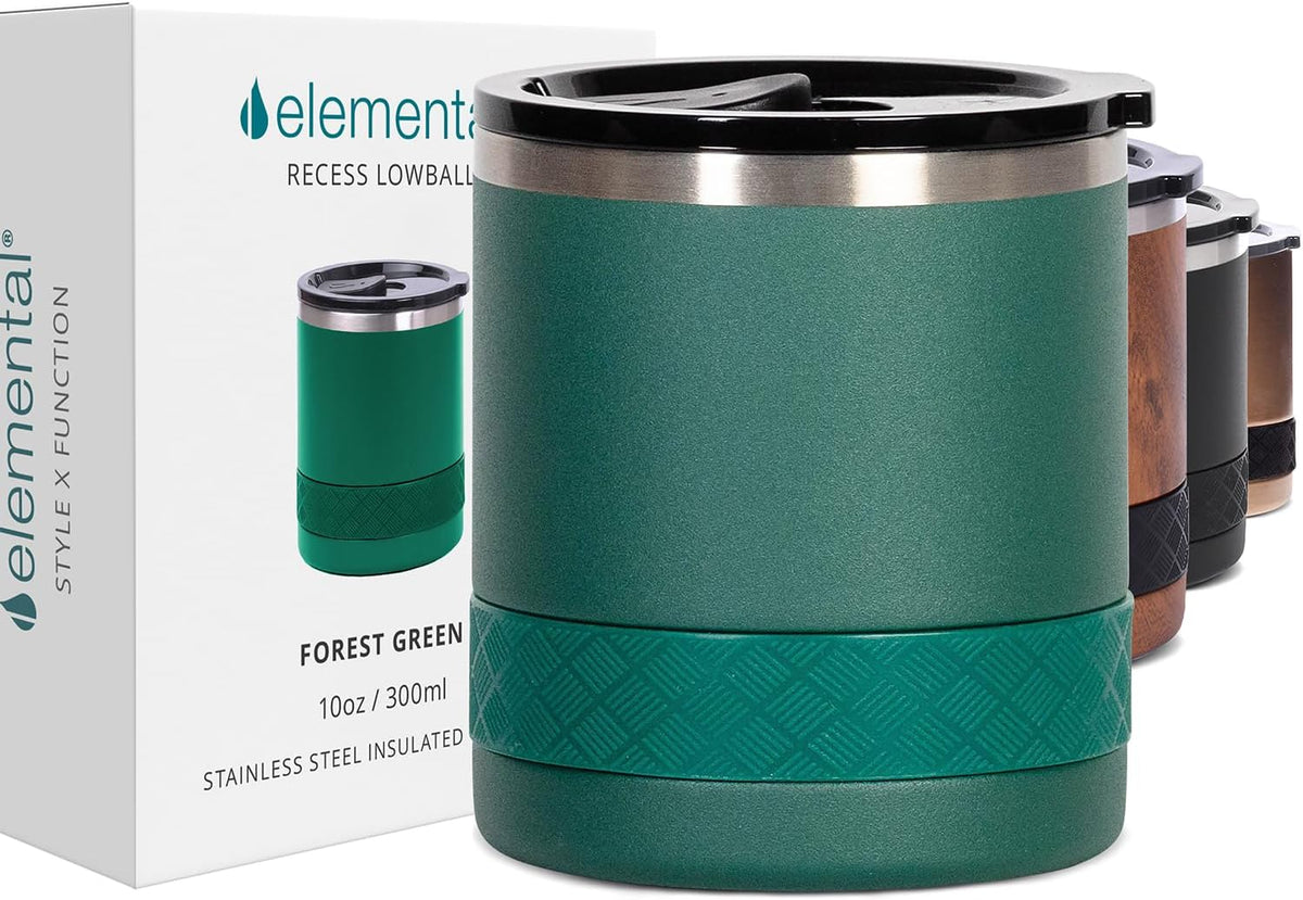 Recess Lowball Tumbler, 10oz Triple Wall Stainless Steel Cup with Non-Shattered Tritan Lid, Insulated Whiskey Glass, Insulated Coffee Tumbler Mug for Hot & Cold Drinks - Black