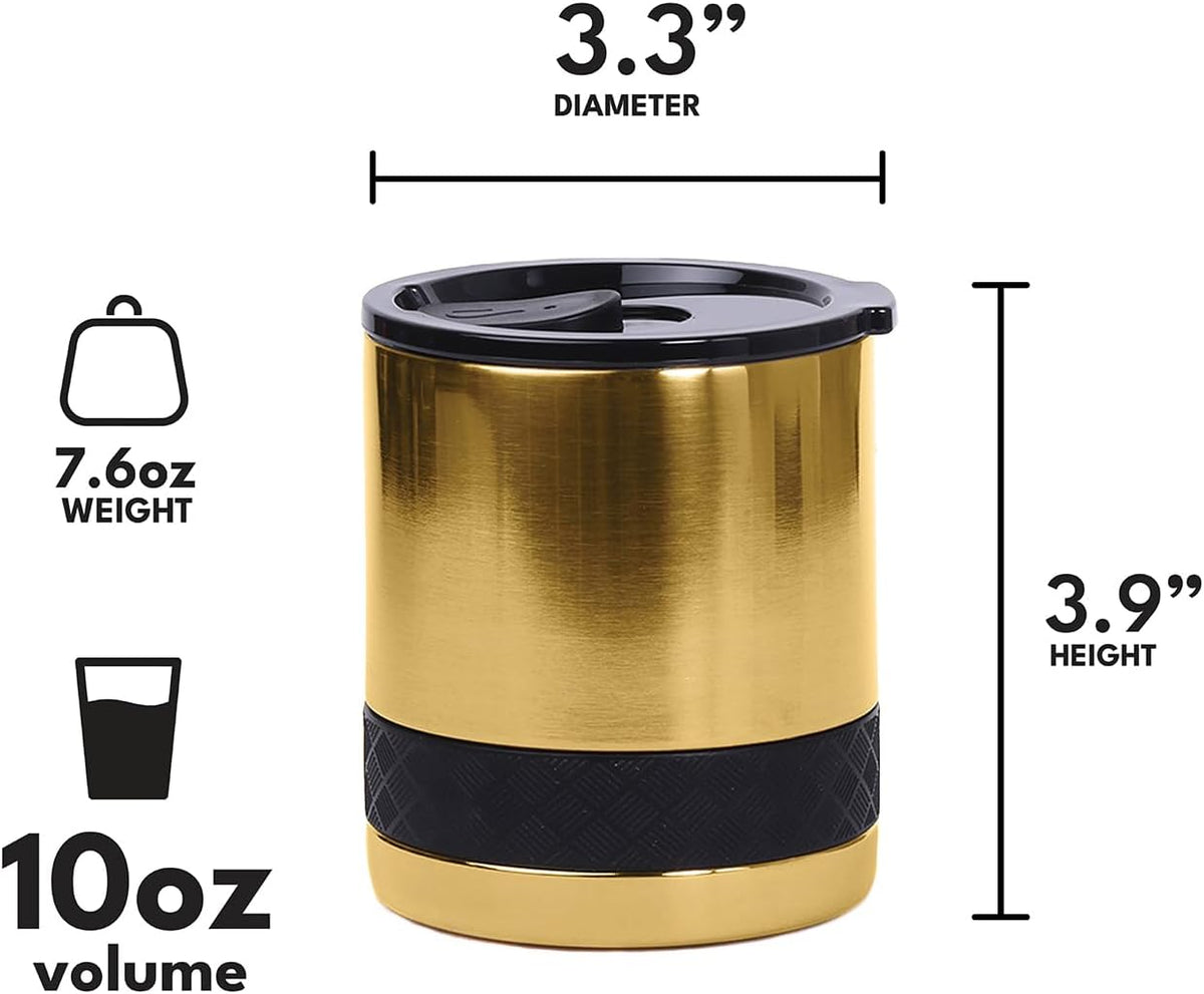 Recess Lowball Tumbler, 10oz Triple Wall Stainless Steel Cup with Non-Shattered Tritan Lid, Insulated Whiskey Glass, Insulated Coffee Tumbler Mug for Hot & Cold Drinks - Black
