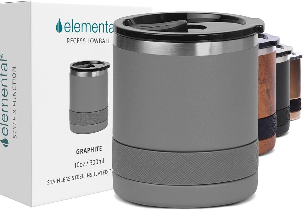 Recess Lowball Tumbler, 10oz Triple Wall Stainless Steel Cup with Non-Shattered Tritan Lid, Insulated Whiskey Glass, Insulated Coffee Tumbler Mug for Hot & Cold Drinks - Black
