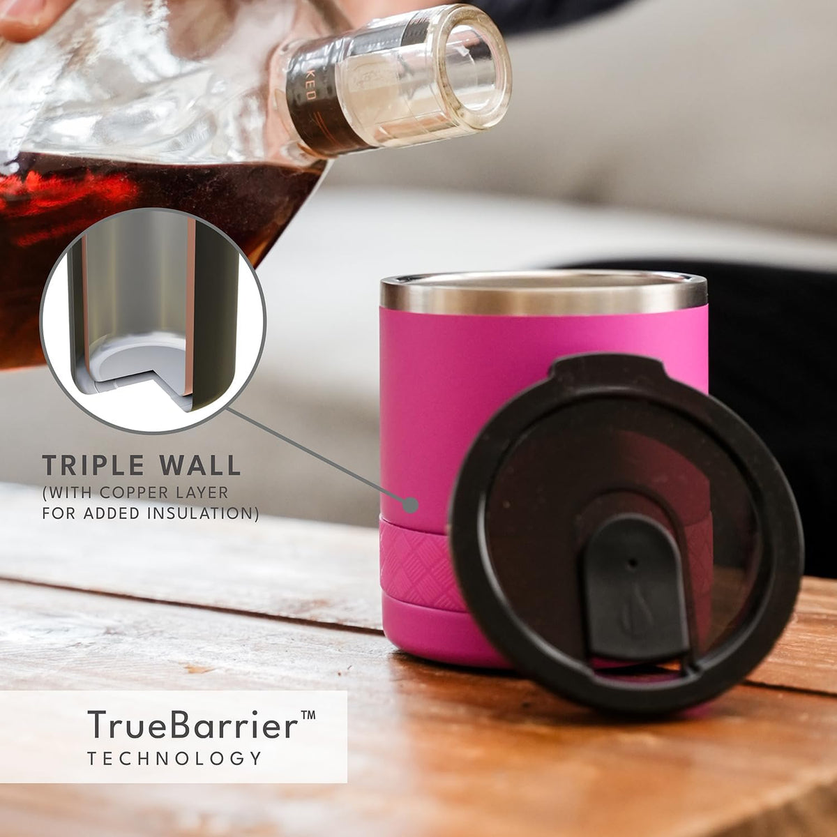 Recess Lowball Tumbler, 10oz Triple Wall Stainless Steel Cup with Non-Shattered Tritan Lid, Insulated Whiskey Glass, Insulated Coffee Tumbler Mug for Hot & Cold Drinks - Black