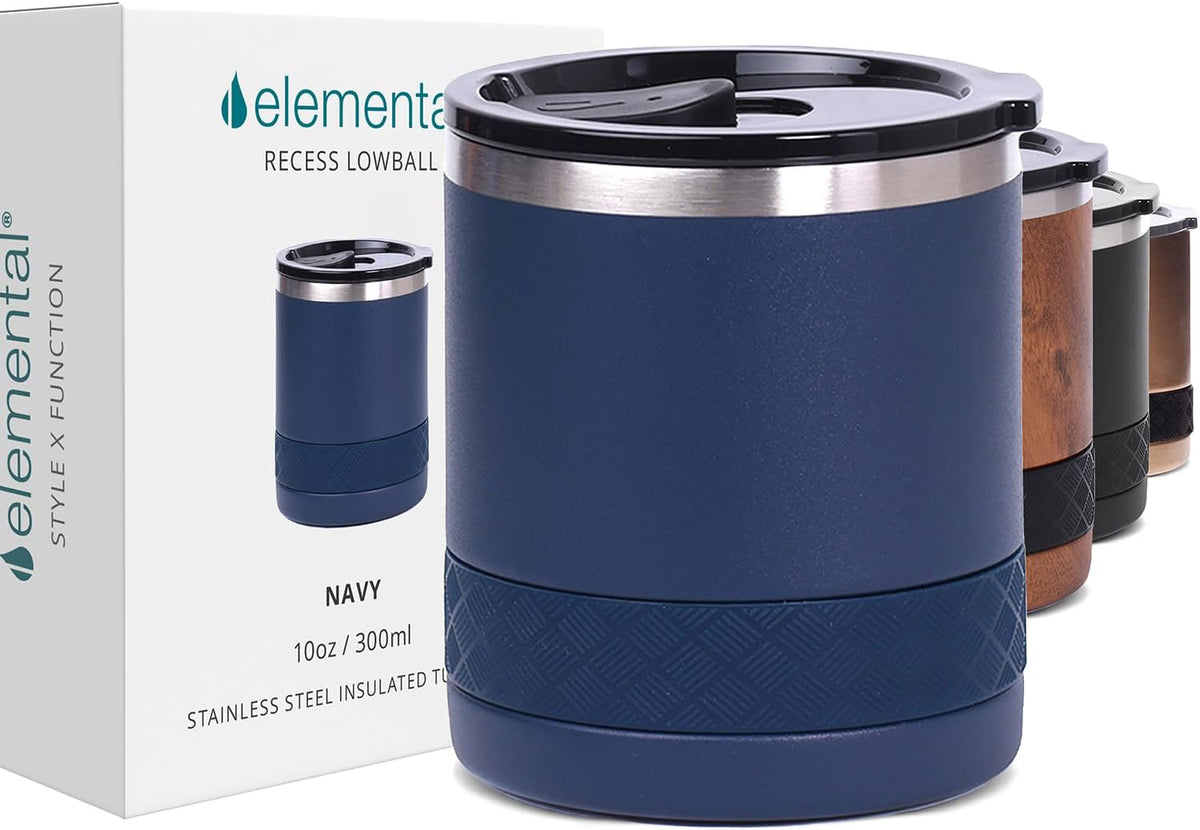 Recess Lowball Tumbler, 10oz Triple Wall Stainless Steel Cup with Non-Shattered Tritan Lid, Insulated Whiskey Glass, Insulated Coffee Tumbler Mug for Hot & Cold Drinks - Black