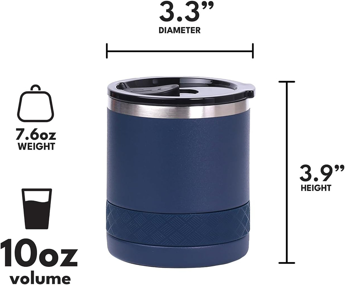 Recess Lowball Tumbler, 10oz Triple Wall Stainless Steel Cup with Non-Shattered Tritan Lid, Insulated Whiskey Glass, Insulated Coffee Tumbler Mug for Hot & Cold Drinks - Black
