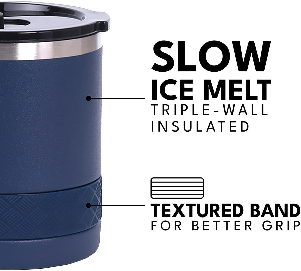 Recess Lowball Tumbler, 10oz Triple Wall Stainless Steel Cup with Non-Shattered Tritan Lid, Insulated Whiskey Glass, Insulated Coffee Tumbler Mug for Hot & Cold Drinks - Black