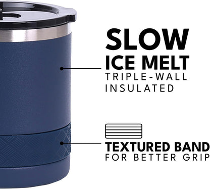 Recess Lowball Tumbler, 10oz Triple Wall Stainless Steel Cup with Non-Shattered Tritan Lid, Insulated Whiskey Glass, Insulated Coffee Tumbler Mug for Hot & Cold Drinks - Black