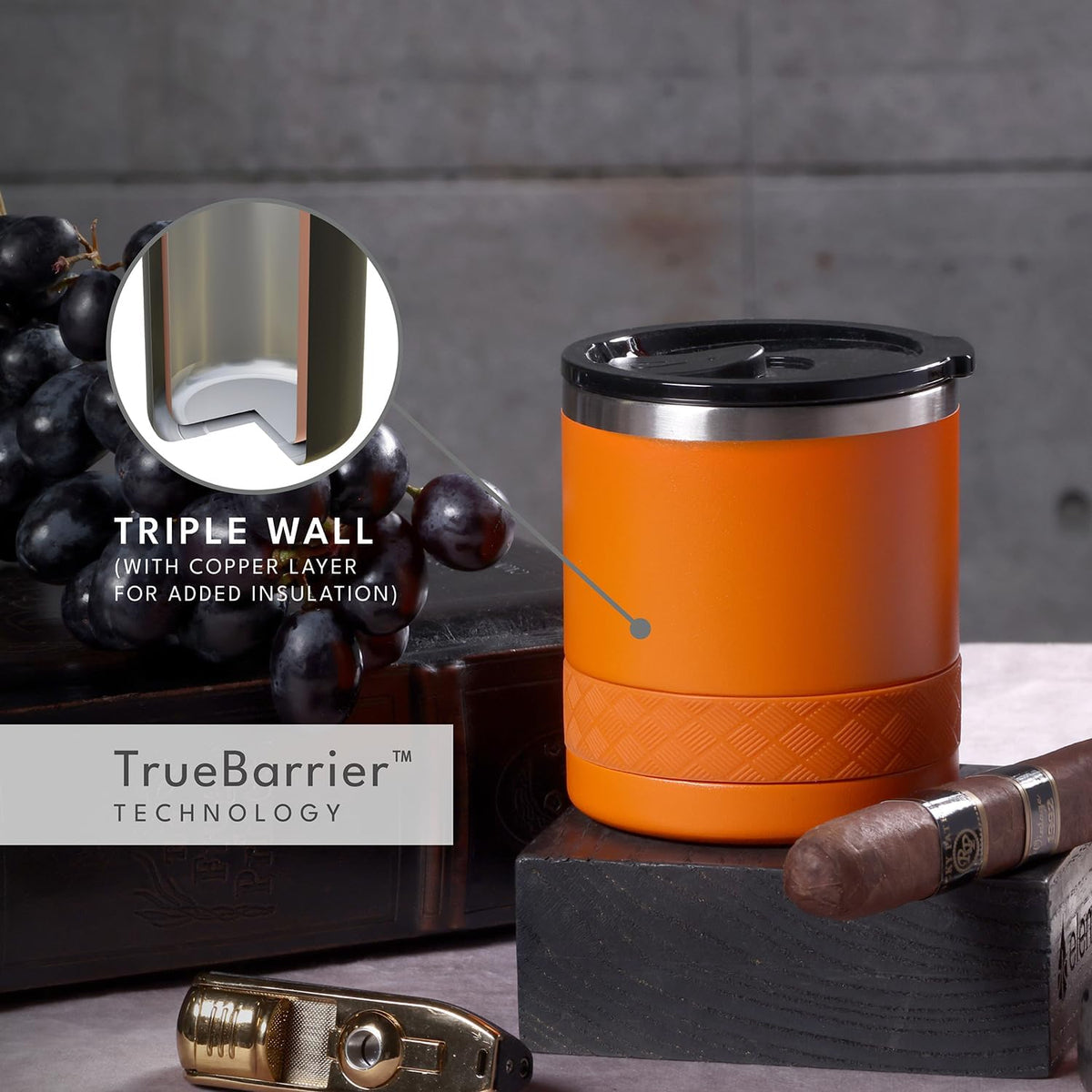 Recess Lowball Tumbler, 10oz Triple Wall Stainless Steel Cup with Non-Shattered Tritan Lid, Insulated Whiskey Glass, Insulated Coffee Tumbler Mug for Hot & Cold Drinks - Black