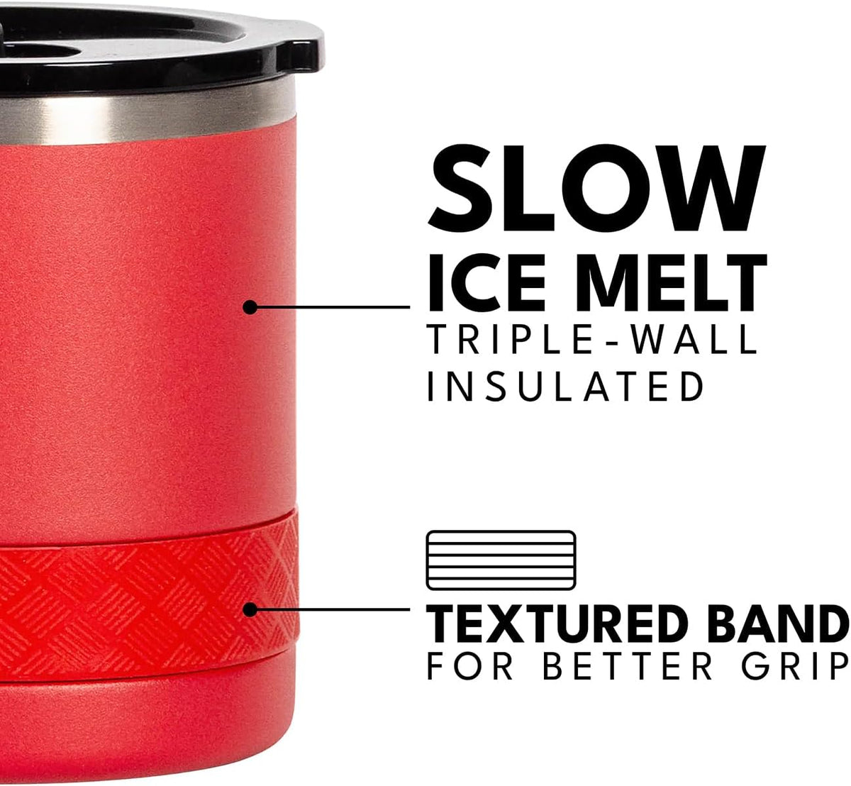 Recess Lowball Tumbler, 10oz Triple Wall Stainless Steel Cup with Non-Shattered Tritan Lid, Insulated Whiskey Glass, Insulated Coffee Tumbler Mug for Hot & Cold Drinks - Black