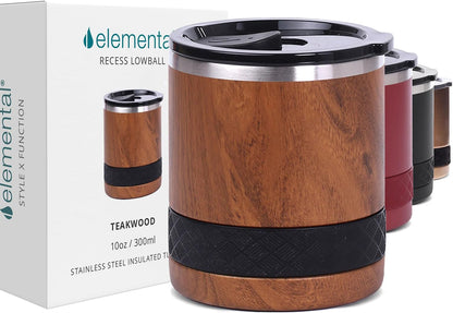 Recess Lowball Tumbler, 10oz Triple Wall Stainless Steel Cup with Non-Shattered Tritan Lid, Insulated Whiskey Glass, Insulated Coffee Tumbler Mug for Hot & Cold Drinks - Black