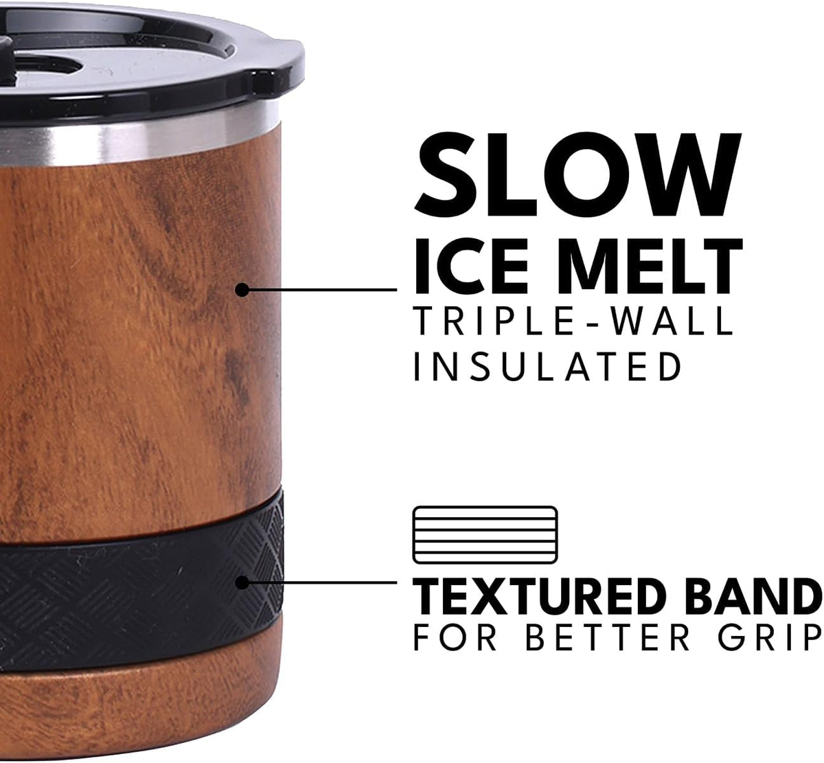Recess Lowball Tumbler, 10oz Triple Wall Stainless Steel Cup with Non-Shattered Tritan Lid, Insulated Whiskey Glass, Insulated Coffee Tumbler Mug for Hot & Cold Drinks - Black