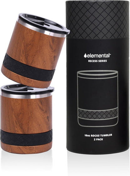 Recess Lowball Tumbler, 10oz Triple Wall Stainless Steel Cup with Non-Shattered Tritan Lid, Insulated Whiskey Glass, Insulated Coffee Tumbler Mug for Hot & Cold Drinks - Black
