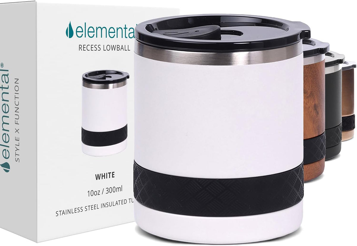 Recess Lowball Tumbler, 10oz Triple Wall Stainless Steel Cup with Non-Shattered Tritan Lid, Insulated Whiskey Glass, Insulated Coffee Tumbler Mug for Hot & Cold Drinks - Black