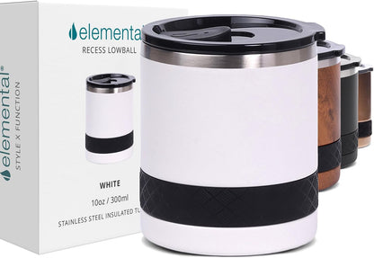 Recess Lowball Tumbler, 10oz Triple Wall Stainless Steel Cup with Non-Shattered Tritan Lid, Insulated Whiskey Glass, Insulated Coffee Tumbler Mug for Hot & Cold Drinks - Black