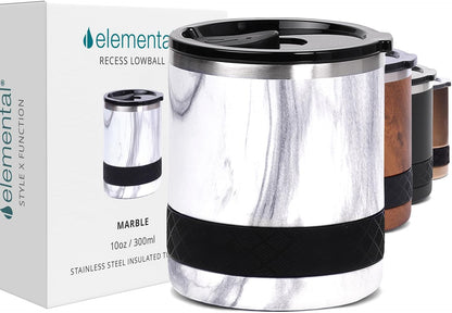Recess Lowball Tumbler, 10oz Triple Wall Stainless Steel Cup with Non-Shattered Tritan Lid, Insulated Whiskey Glass, Insulated Coffee Tumbler Mug for Hot & Cold Drinks - Black