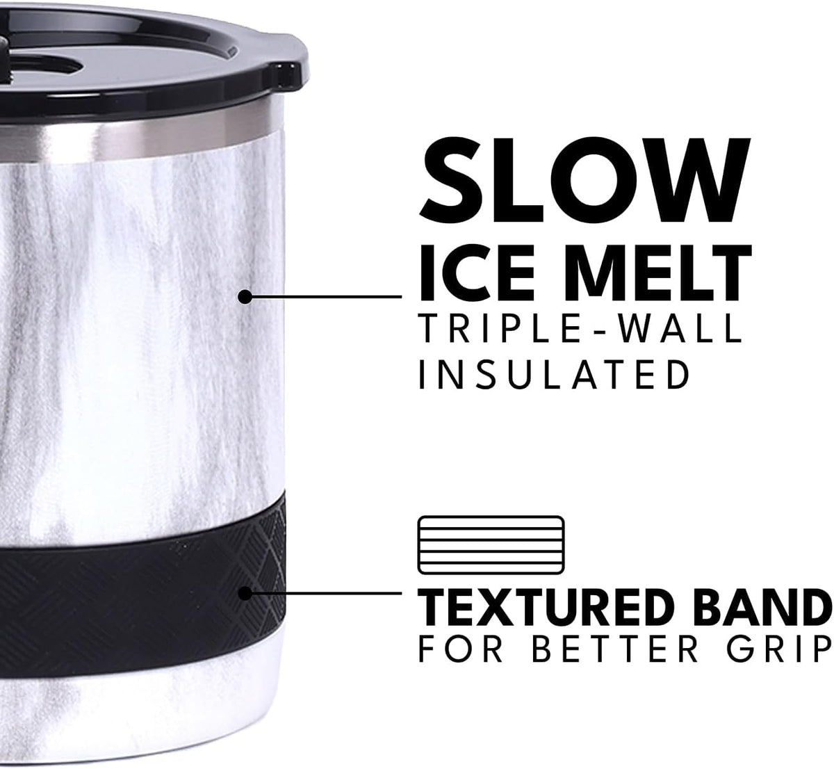 Recess Lowball Tumbler, 10oz Triple Wall Stainless Steel Cup with Non-Shattered Tritan Lid, Insulated Whiskey Glass, Insulated Coffee Tumbler Mug for Hot & Cold Drinks - Black