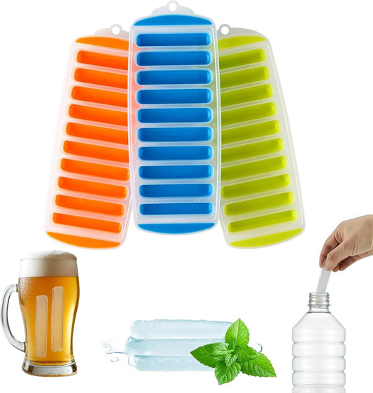 Silicone Narrow Ice Stick Cube Trays with Easy Push and Pop Out Material, Ideal for Sports and Water Bottles, Assorted Bright Colors (11.81" x 4.61" x 0.75", Set of 3)