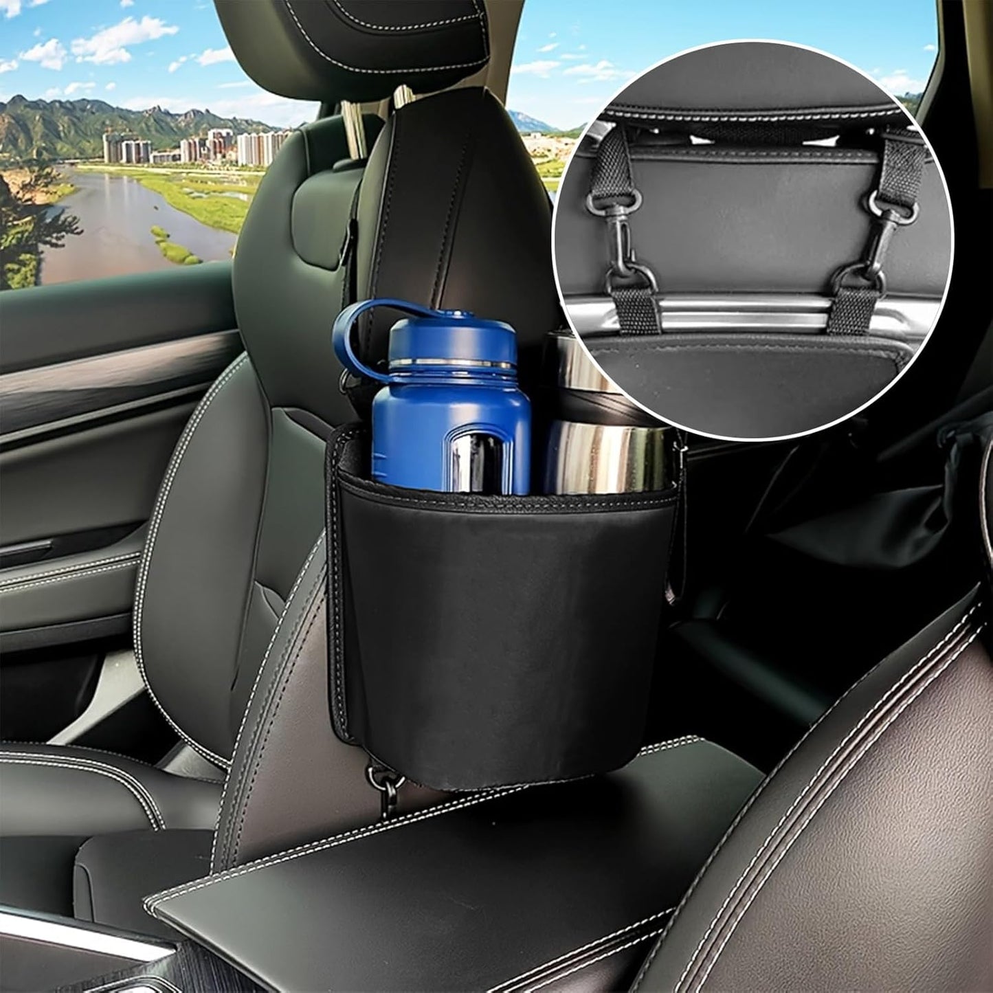 Car Cup Holder Expander for Car Seat Side, Multifunctional Hanging Storage Bag for Water Bottle Cup and Drink at Back Seat, Large Waterproof Oxford Cloth Hanging Cup Holder Organizer Tray