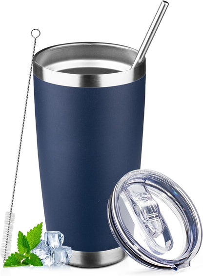 20oz Tumbler with Lid and Straw Double Wall Powder Coated Vacuum Insulated Coffee Tumbler Stainless Steel Insulated Travel Coffee Mug Spill-Proof Thermal Cup for Hot and Cold Beverage,Black