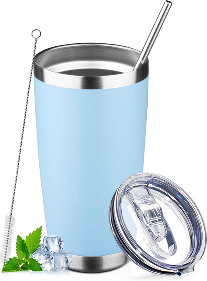 20oz Tumbler with Lid and Straw Double Wall Powder Coated Vacuum Insulated Coffee Tumbler Stainless Steel Insulated Travel Coffee Mug Spill-Proof Thermal Cup for Hot and Cold Beverage,Black