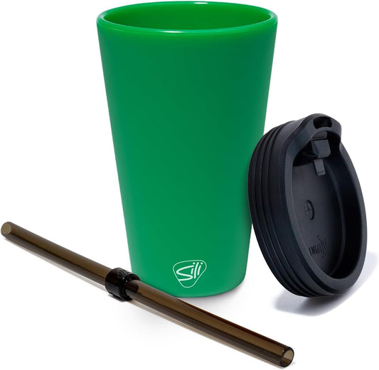 16oz Silicone Straw Tumbler with 2-in-1 Lid – Unbreakable, Non-Toxic, Dishwasher Safe & Spill Proof Tumbler – Leakproof Travel Mug for Coffee, Juice, Cocktail (Classic Green, smoke)