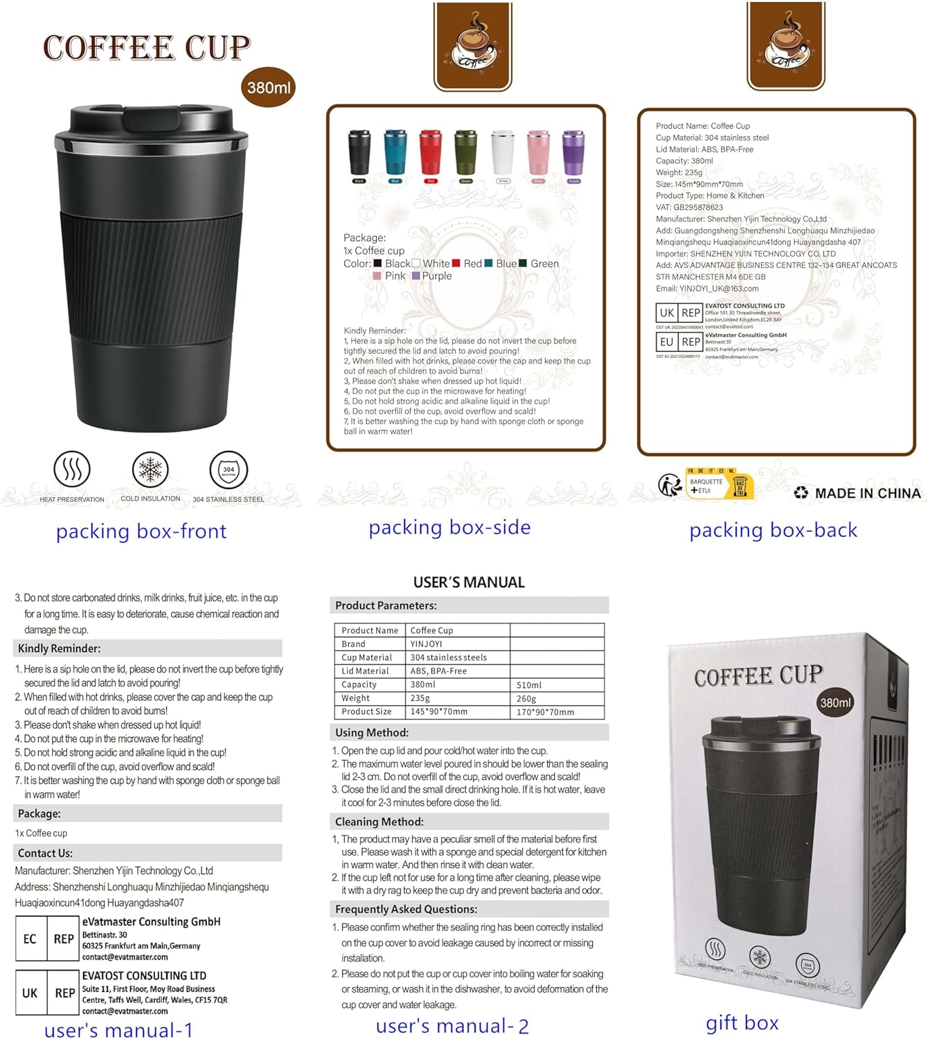17oz Travel Coffee Cups Insulated Mug Thermal Tumbler to Go with Lid Leak Proof Reusable Stainless Steel Coffee Mug Spill Proof for Hot and Iced Cold Drinks (Black, 510ml)