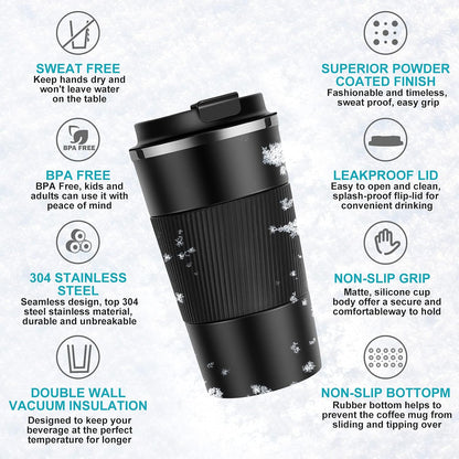 17oz Travel Coffee Cups Insulated Mug Thermal Tumbler to Go with Lid Leak Proof Reusable Stainless Steel Coffee Mug Spill Proof for Hot and Iced Cold Drinks (Black, 510ml)
