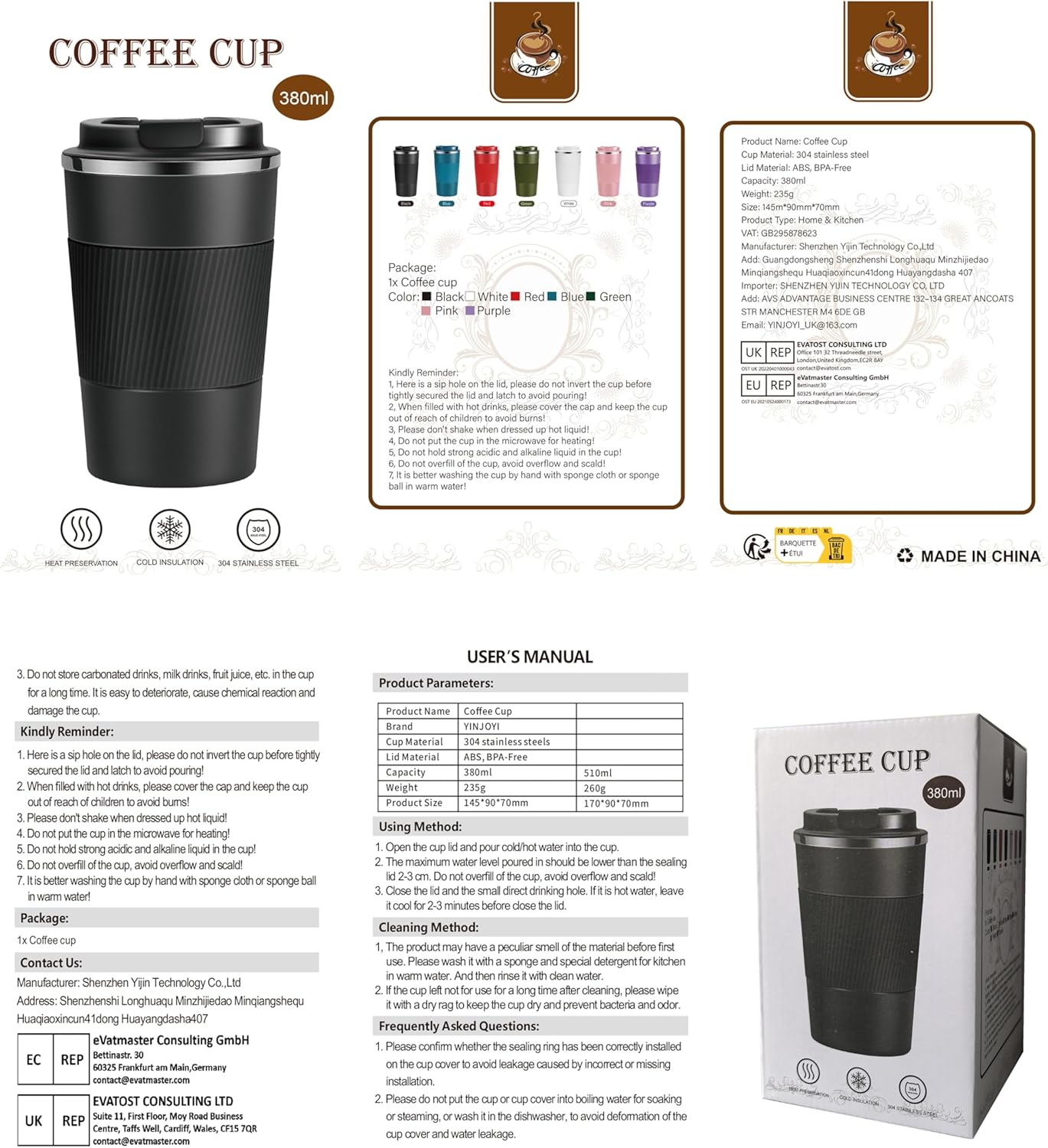17oz Travel Coffee Cups Insulated Mug Thermal Tumbler to Go with Lid Leak Proof Reusable Stainless Steel Coffee Mug Spill Proof for Hot and Iced Cold Drinks (Black, 510ml)