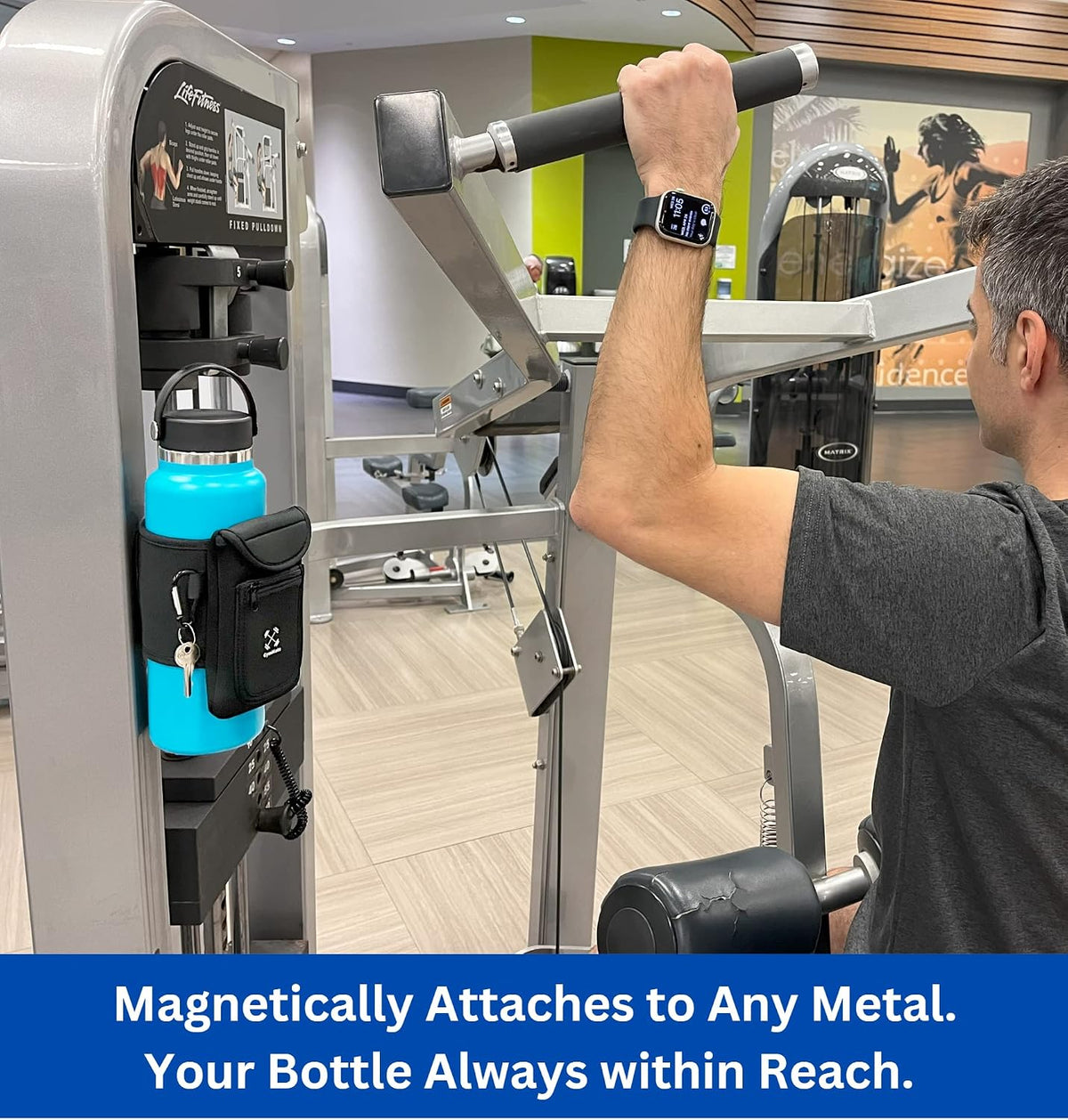 Magnetic Water Bottle Sleeve Pouch for Gym. Attaches Magnetically to Metal Surface so Your Bottle is Always Within Reach. Accessory Pockets for Cell Phones, Key, Cards, Headphones.