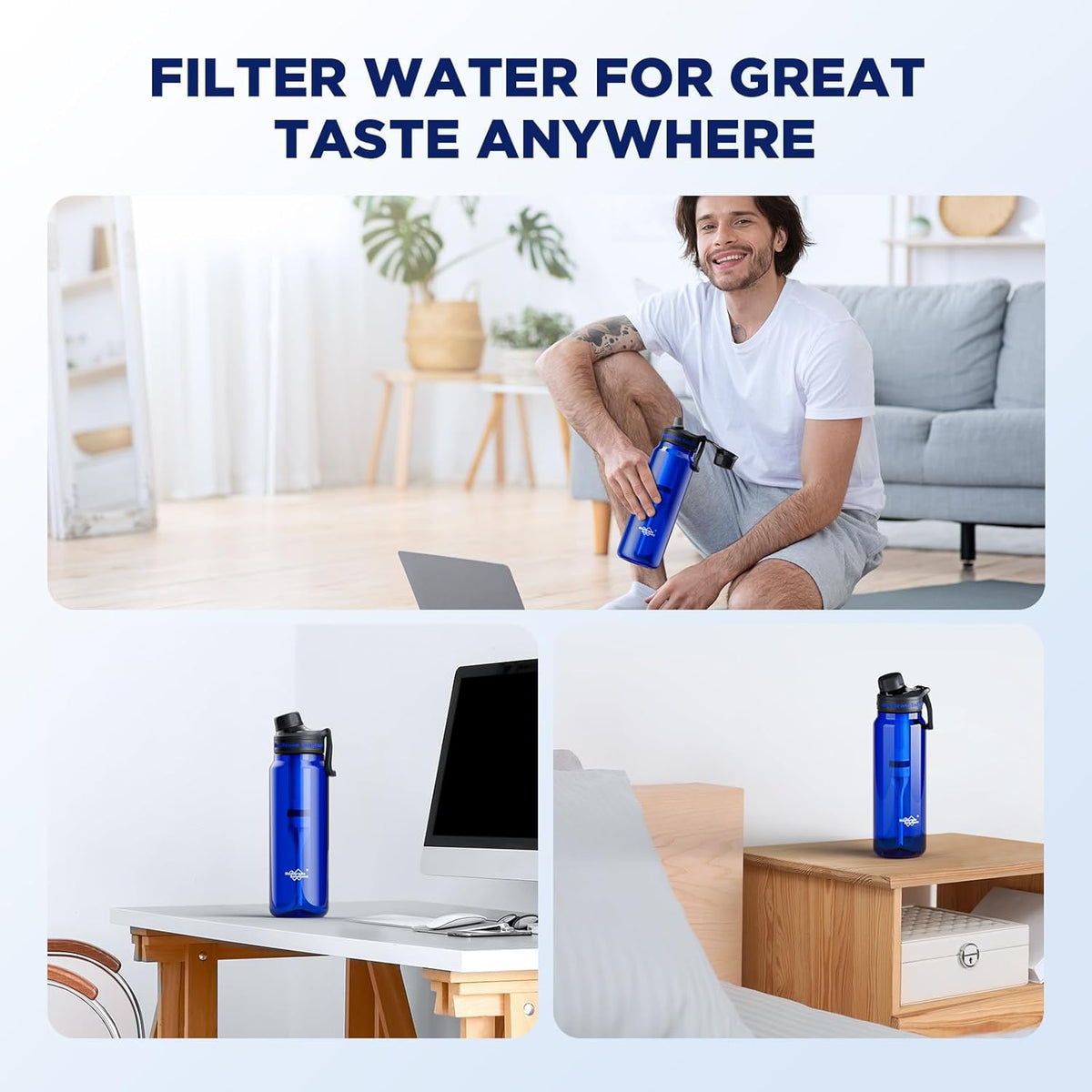 Filtered Water Bottle, C3 Water Bottle Filter with Replaceable ACFX2 Filter Cartridge, Portable Water Filter 36oz BPA-Free for Travel, Hiking & Camping Drinking use(Blue)