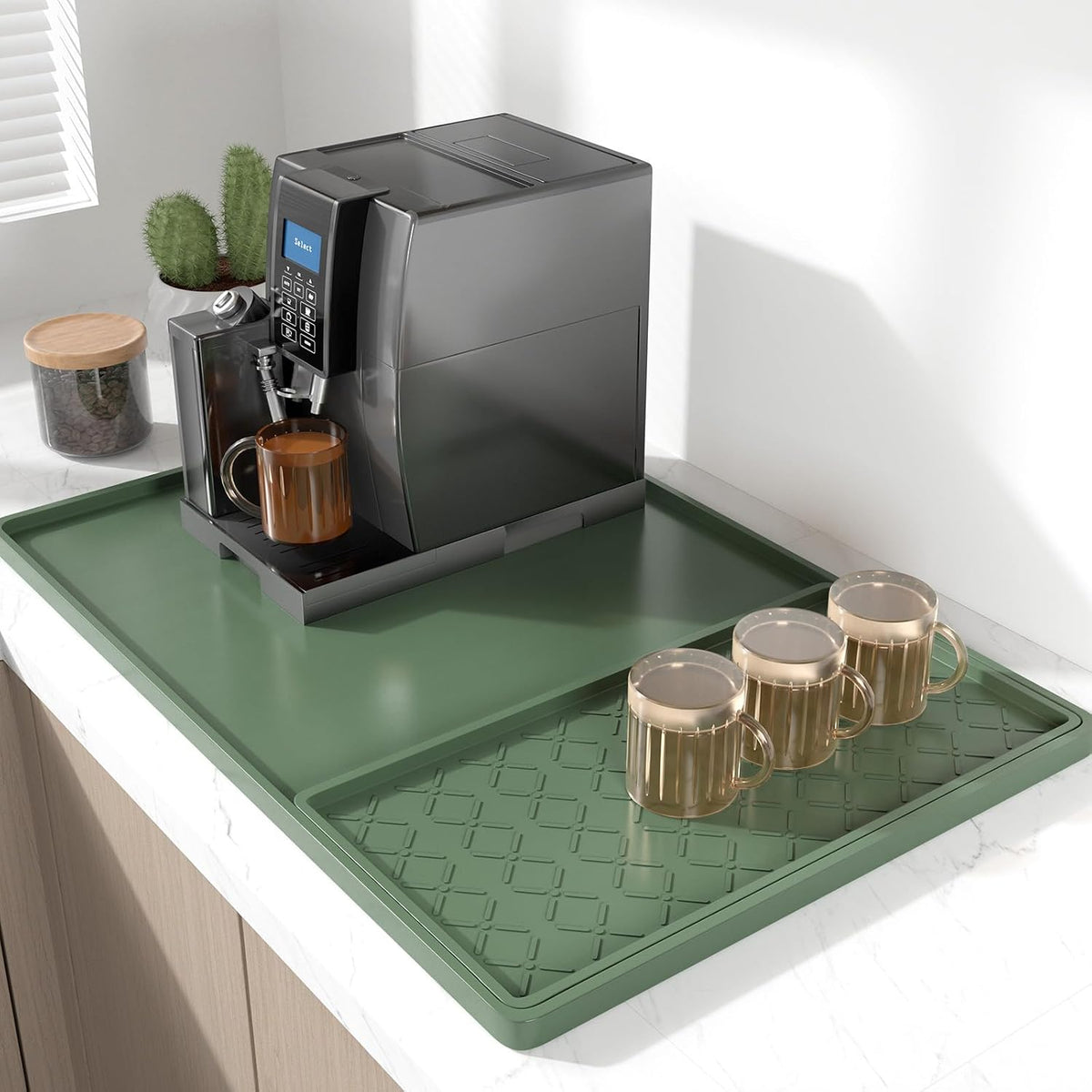 Silicone Coffee Mat, 16" x 24" Waterproof Raised Edge Coffee Bar Mats for Espresso Machine Station Accessories, Heat Resistant Detachable Dish Drying Pad for Kitchen Counter, Dish Rack, Green