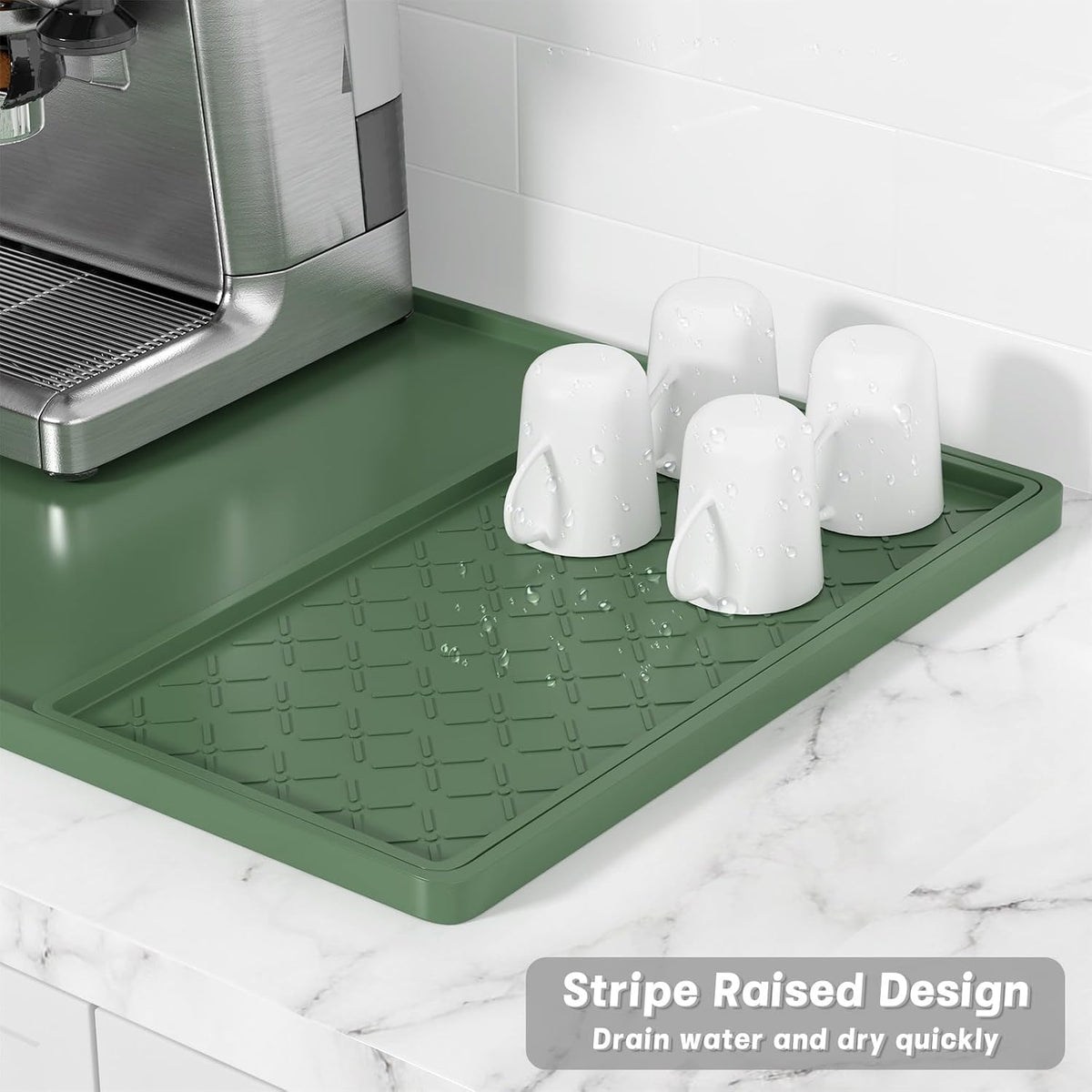 Silicone Coffee Mat, 16" x 24" Waterproof Raised Edge Coffee Bar Mats for Espresso Machine Station Accessories, Heat Resistant Detachable Dish Drying Pad for Kitchen Counter, Dish Rack, Green