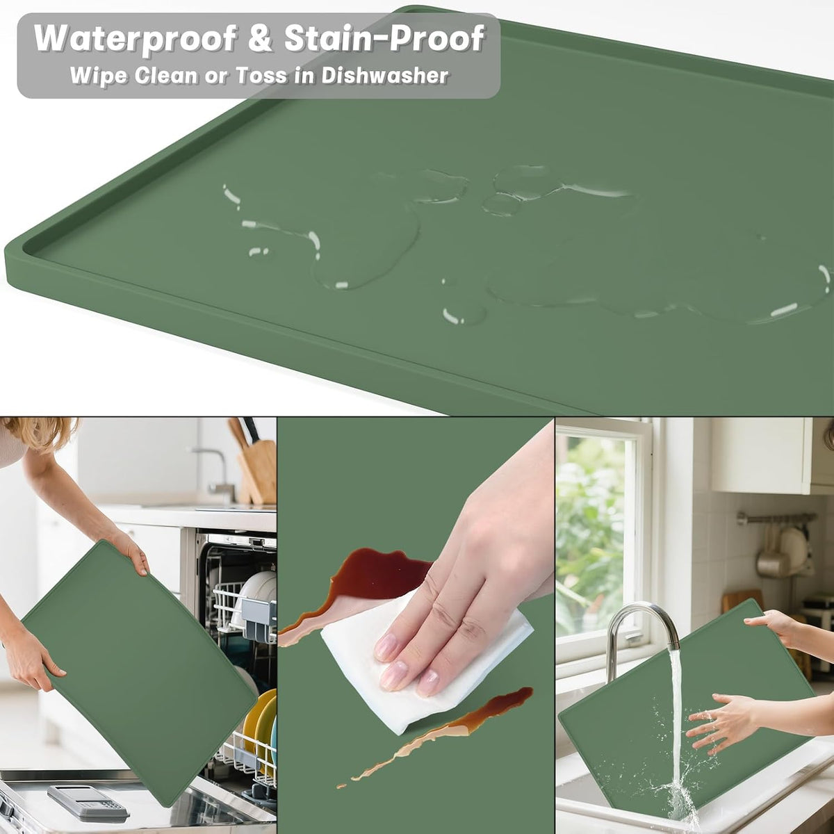Silicone Coffee Mat, 16" x 24" Waterproof Raised Edge Coffee Bar Mats for Espresso Machine Station Accessories, Heat Resistant Detachable Dish Drying Pad for Kitchen Counter, Dish Rack, Green