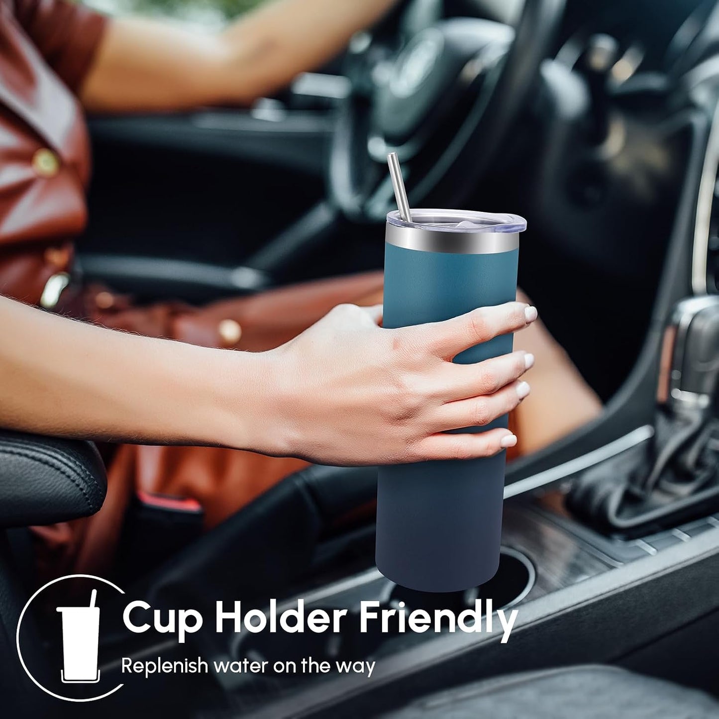 Volhoply 20 oz Skinny Tumbler with Lid and Straw, Stainless Steel Straight Tumblers Cup, Vacuum Insulated Coffee Mug for Home, Office, Travel, DIY (Navy,1 Pack)