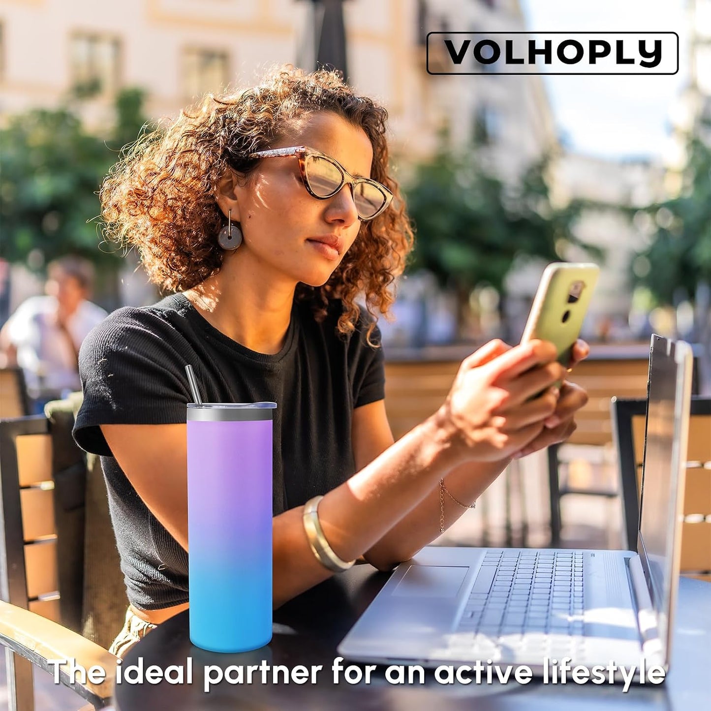 Volhoply 20 oz Skinny Tumbler with Lid and Straw, Stainless Steel Straight Tumblers Cup, Vacuum Insulated Coffee Mug for Home, Office, Travel, DIY (Navy,1 Pack)