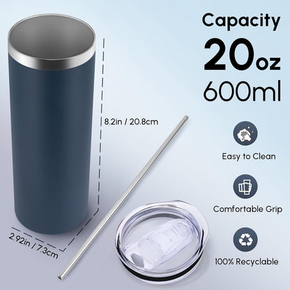 Volhoply 20 oz Skinny Tumbler with Lid and Straw, Stainless Steel Straight Tumblers Cup, Vacuum Insulated Coffee Mug for Home, Office, Travel, DIY (Navy,1 Pack)