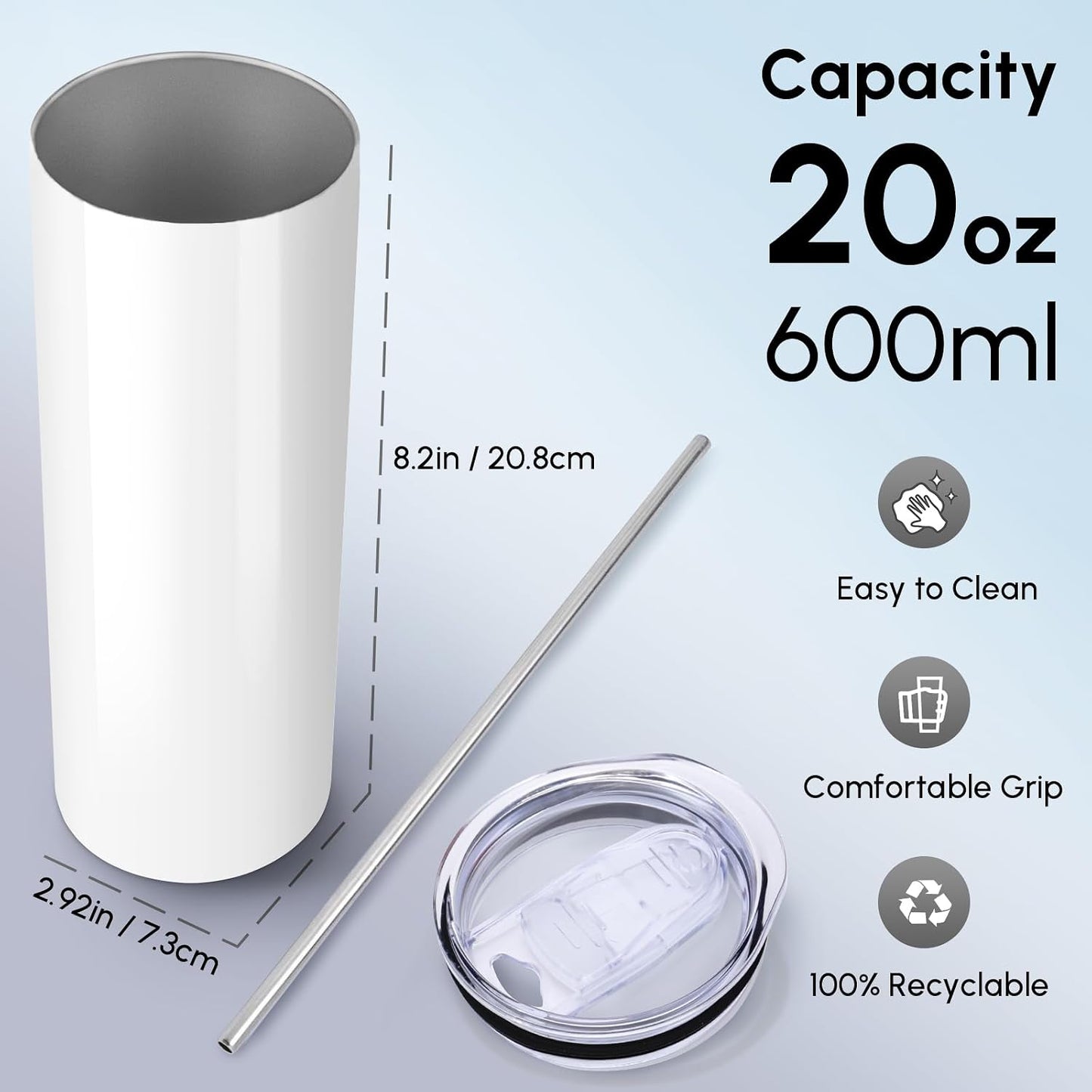 Volhoply 20 oz Skinny Tumbler with Lid and Straw, Stainless Steel Straight Tumblers Cup, Vacuum Insulated Coffee Mug for Home, Office, Travel, DIY (Navy,1 Pack)