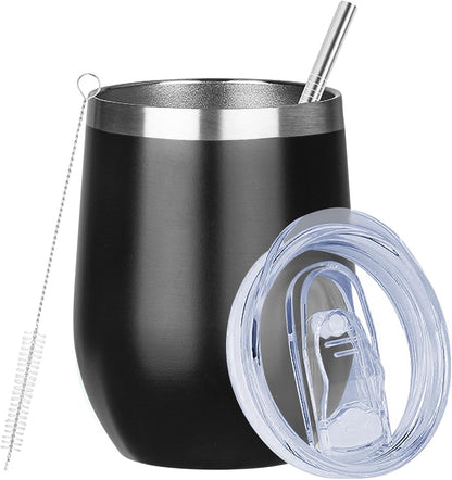 12 Oz Insulated Wine Tumbler with Lid Wine Glass Coffee Cup(Black,1)