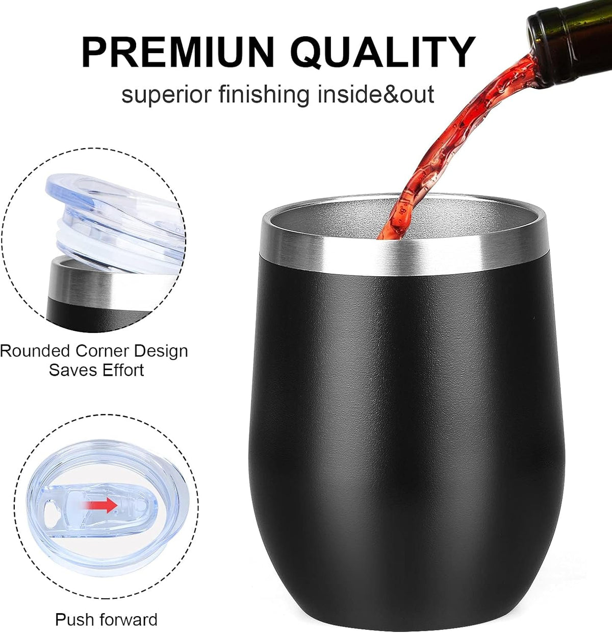 12 Oz Insulated Wine Tumbler with Lid Wine Glass Coffee Cup(Black,1)