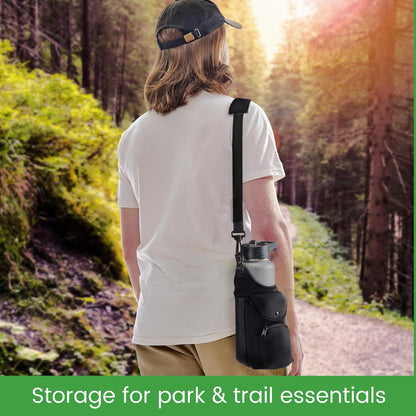 One Size Stretch Water Bottle Holder with Strap - Insulating Neoprene Bottle Holder for Walking with Storage and Phone Pocket, Fits up to 32 oz. Bottles