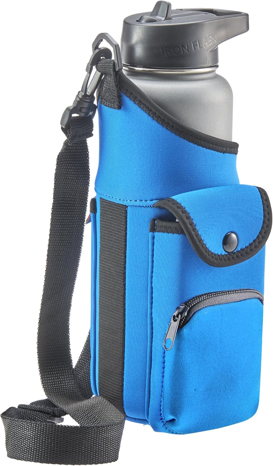 One Size Stretch Water Bottle Holder with Strap - Insulating Neoprene Bottle Holder for Walking with Storage and Phone Pocket, Fits up to 32 oz. Bottles
