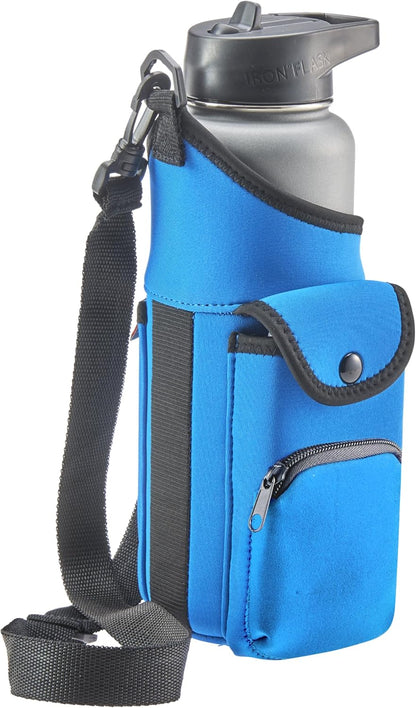 One Size Stretch Water Bottle Holder with Strap - Insulating Neoprene Bottle Holder for Walking with Storage and Phone Pocket, Fits up to 32 oz. Bottles