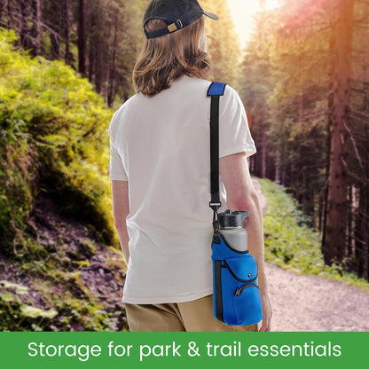 One Size Stretch Water Bottle Holder with Strap - Insulating Neoprene Bottle Holder for Walking with Storage and Phone Pocket, Fits up to 32 oz. Bottles