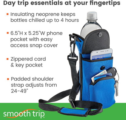 One Size Stretch Water Bottle Holder with Strap - Insulating Neoprene Bottle Holder for Walking with Storage and Phone Pocket, Fits up to 32 oz. Bottles