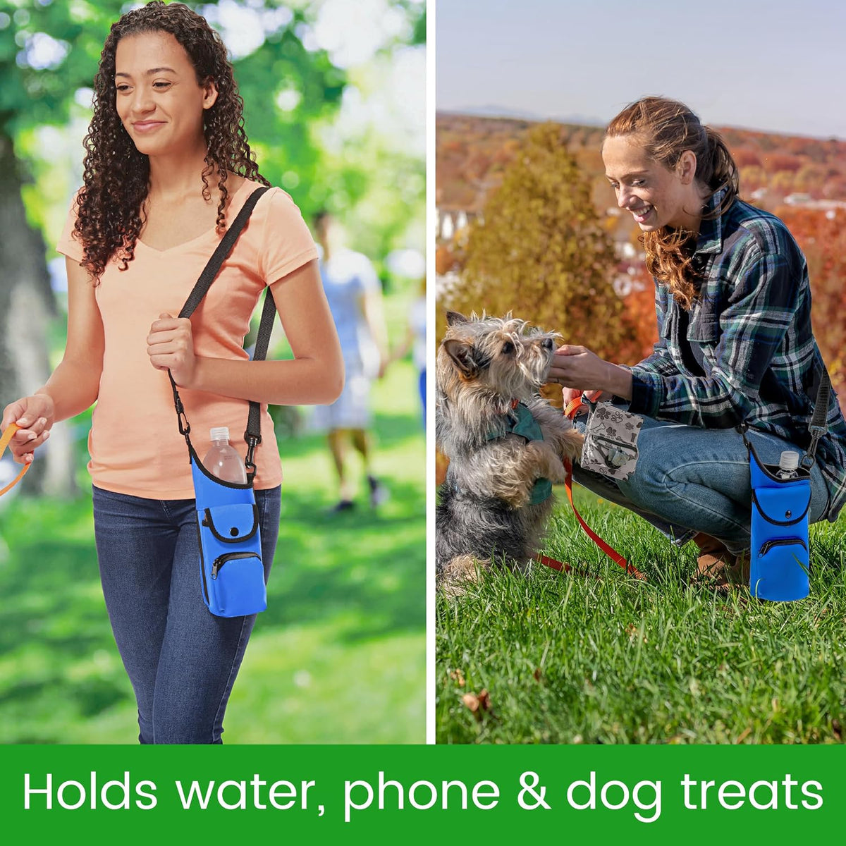 One Size Stretch Water Bottle Holder with Strap - Insulating Neoprene Bottle Holder for Walking with Storage and Phone Pocket, Fits up to 32 oz. Bottles