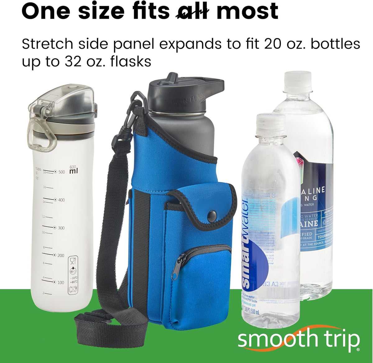 One Size Stretch Water Bottle Holder with Strap - Insulating Neoprene Bottle Holder for Walking with Storage and Phone Pocket, Fits up to 32 oz. Bottles