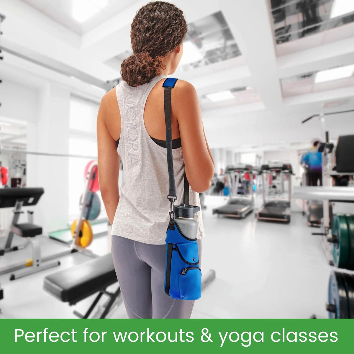 One Size Stretch Water Bottle Holder with Strap - Insulating Neoprene Bottle Holder for Walking with Storage and Phone Pocket, Fits up to 32 oz. Bottles