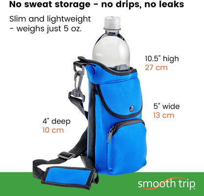 One Size Stretch Water Bottle Holder with Strap - Insulating Neoprene Bottle Holder for Walking with Storage and Phone Pocket, Fits up to 32 oz. Bottles