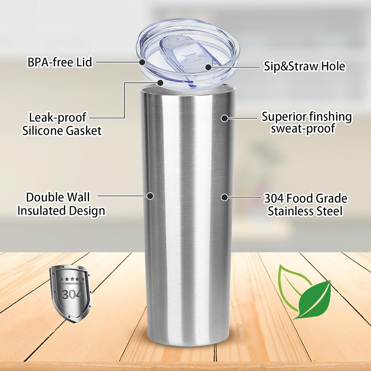 20 oz Skinny Tumbler with Lid and Straw,Stainless Steel Vacuum Insulated Tumbler Cup Double Wall Leak-proof Coffee Mug,Travel Thermal Water Tumbler for Home,Office,Outdoor(Black,1)