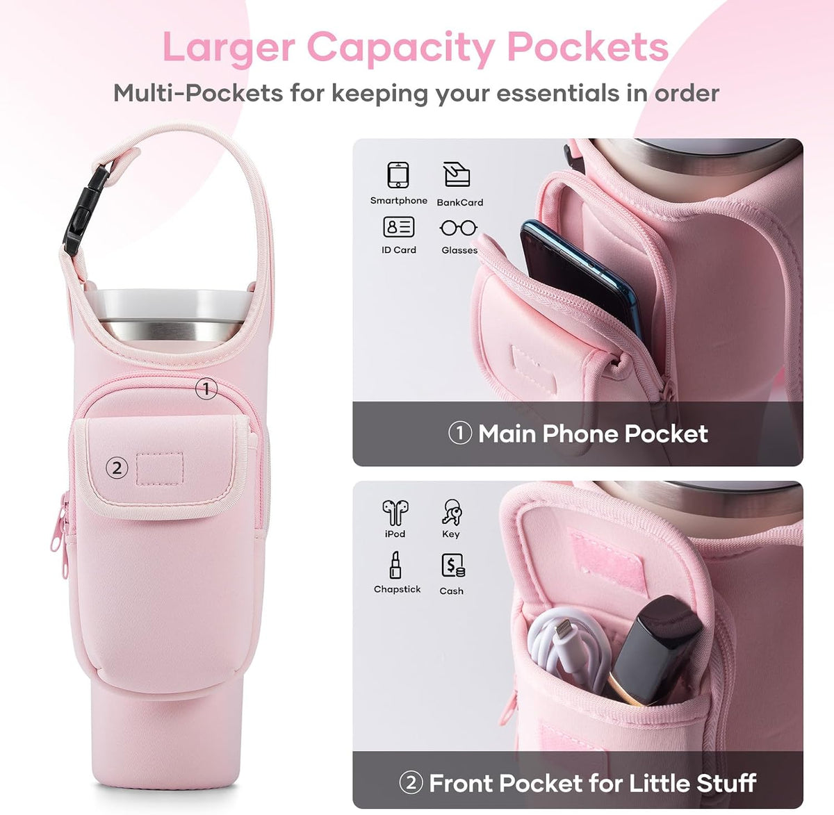 Bufilea Carrier Bag with Phone Holder Pockets for Stanley 40/30oz Tumbler with Handle, Insulated Neoprene Crossbody Bag Cup Holder w/Shoulder & Handheld Straps Fits Stanley Cup Accessories