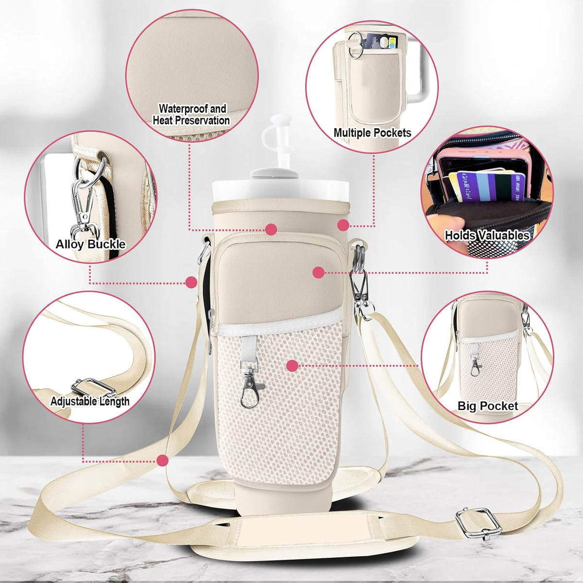 Stanley Carrier Bag for Stanley 40oz/30ozTumbler with Phone with 2 Adjustable Strap,3 Pockets Bottle Stanley Cup Carrier Bag & Case,Accessories for Hiking Travelling