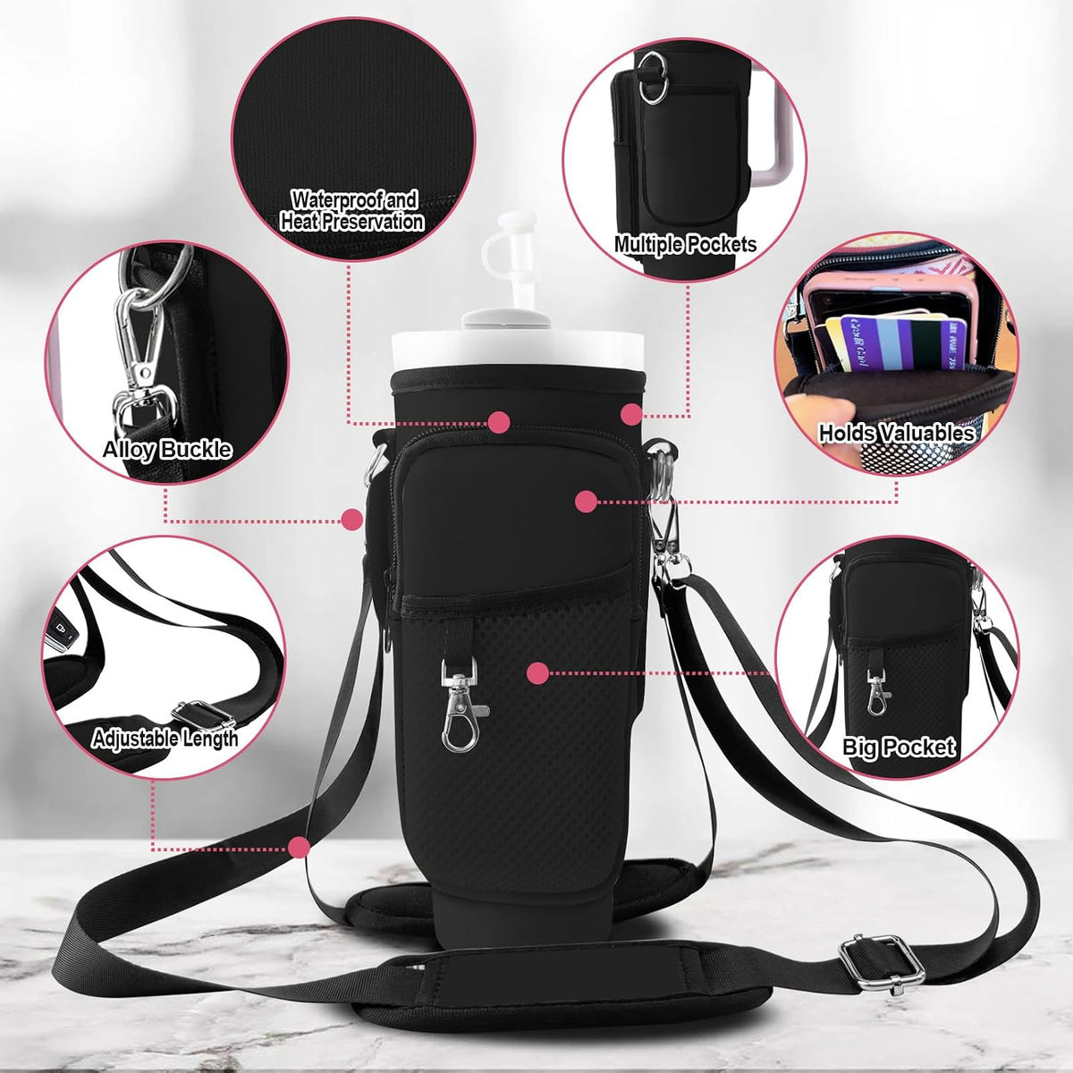 Stanley Carrier Bag for Stanley 40oz/30ozTumbler with Phone with 2 Adjustable Strap,3 Pockets Bottle Stanley Cup Carrier Bag & Case,Accessories for Hiking Travelling