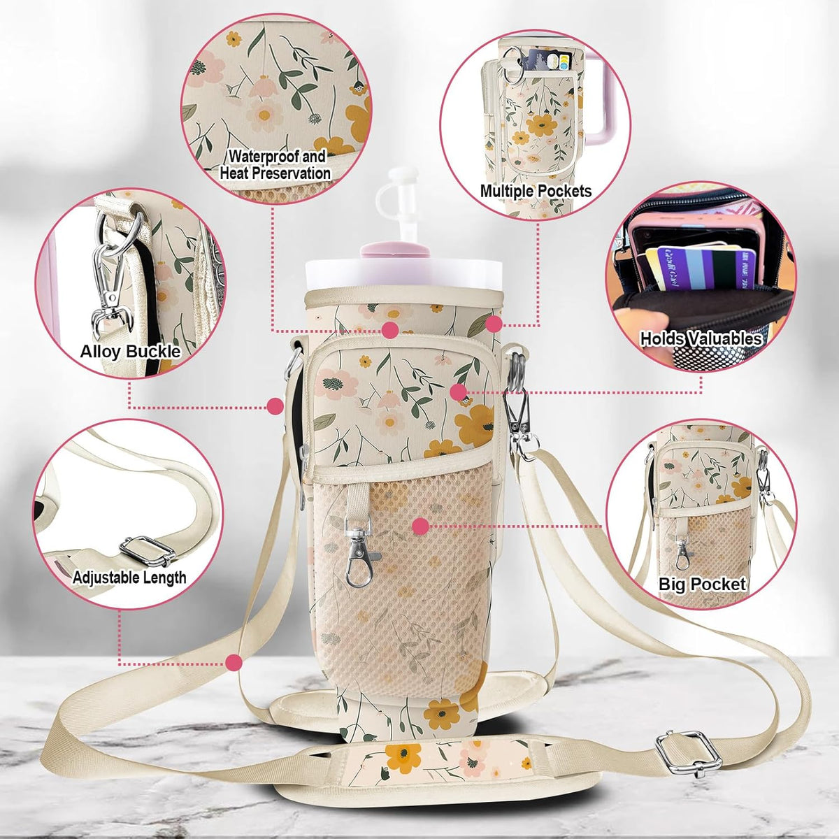 Stanley Carrier Bag for Stanley 40oz/30ozTumbler with Phone with 2 Adjustable Strap,3 Pockets Bottle Stanley Cup Carrier Bag & Case,Accessories for Hiking Travelling